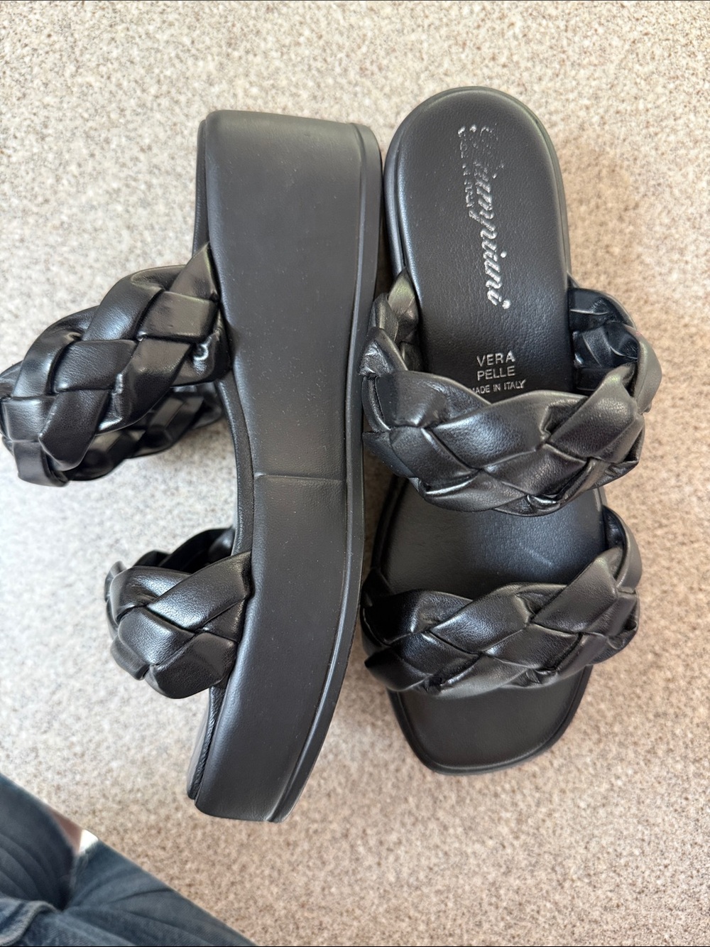 Italian leather Piampiani Braided Double-Strap Slide Sandals for Women - Black